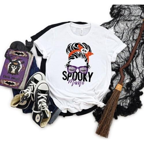 Spooky Mama Halloween T-Shirt Funny Spooky Party Scary Fashion 100% Cotton O Neck Female Clothing Plus Size Casual Streetwear