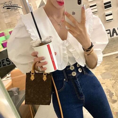 Puff Short Sleeve Female Clothing Sweet Peter Pan Collar Ruffled White Shirt Korean Women Loose Blouses and Tops Blusas 14253