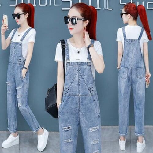 2019 summer new womens fashion hole denim bib two-piece suit tide