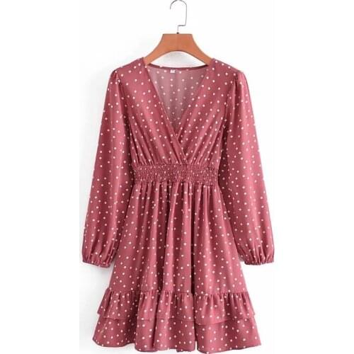 New Spring Autumn Elegant Ruffles Pink Polka Dot Dresses for Women 2021 Casual V-neck Long Sleeve Chiffon Vestidos De Fiesta