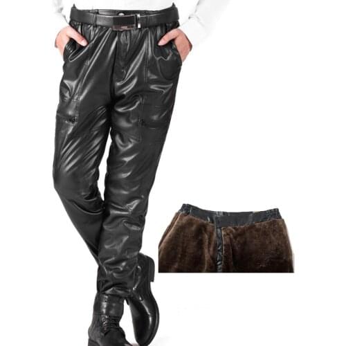 Winter Thick Warm Faux Leather Pants For Men Loose PU Leather Fleece Pants Fashion Motorcycle Joggers Windproof Trousers
