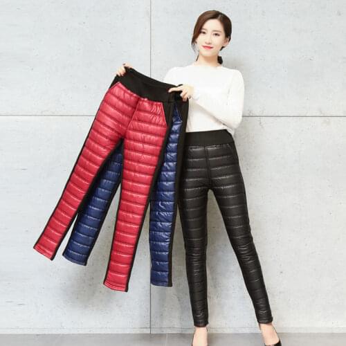Winter Middle-aged Down cotton Trousers Women High-waist Warm Loose Straight pants Loose Plus velvet Full length Pants Female