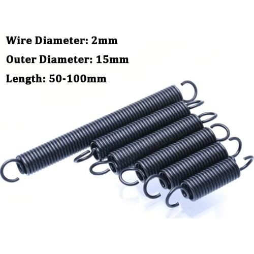 1Pcs Wire Diameter 2mm Tension Spring With Hooks Steel Small Extension Spring Outer Diameter 15mm Length 50-100mm