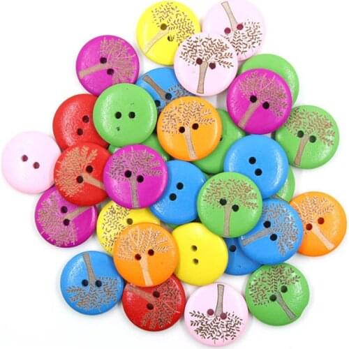 50Pcs Mixed Colors Wooden Buttons Trees Decorative Button For Needlework 2-holes Round Buttons For Clothes Sewing Accessories