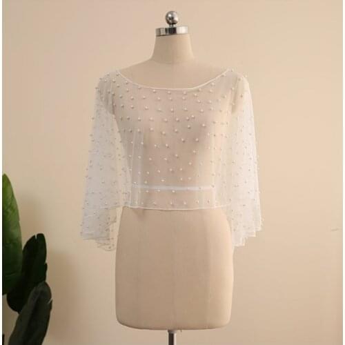 White Pearls Wedding Dress Cape Tulle Bridal Dress Top Wedding Wrap with Pearls Separate Sheer Top Summer Tulle Wedding Shawl Dr