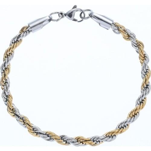 Hot Sale Width 5MM 316L Stainless Steel Plated Gold Twist Chain Bracelet Fashion Mens Titanium Steel Link Bracelet Length 20CM