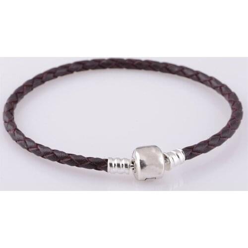 Genuine 925 Sterling Silver Jewelry Charm Bracelet Dark Coffee Braided Leather Bracelets for Women Fashion Jewellery pulseras