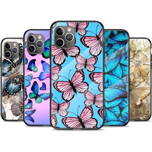 Tempered Glass Cover Pink Butterfly Fly For Apple iPhone 12 11 8 7 6 6S XS XR SE X 2020 Pro Max Mini Plus Phone Case