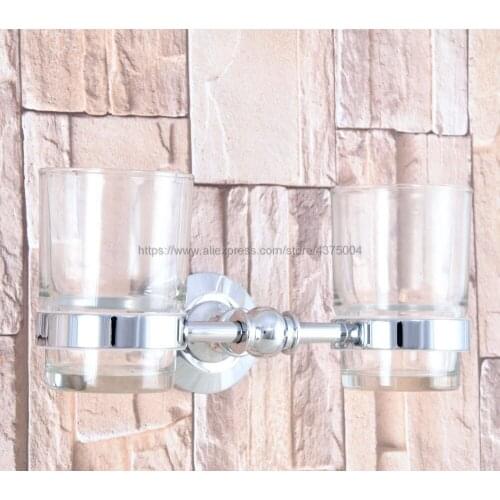 Bathroom Polished Chrome Toothbrush Holder + Two Glass Cups Wall Mounted Bathroom Accessories Nba799
