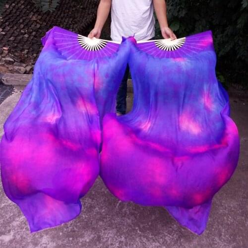 1pair Belly Dancing Tie-dyed 100% real natural silk Fans Veils long silk Stage Performance Fans for Women ( L+R ) hand 4 sizes