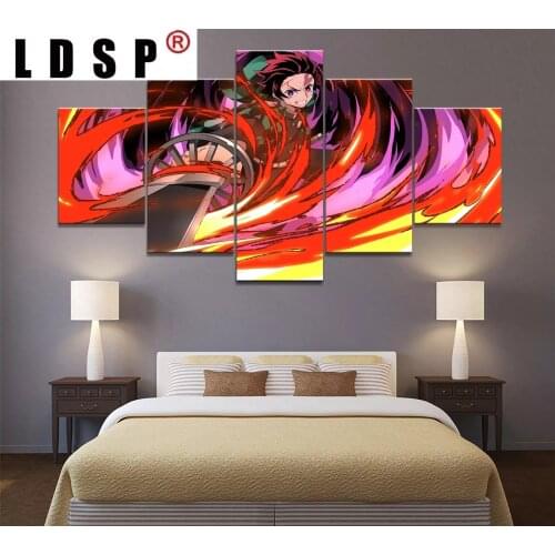 LDSP Canvas Painting 5 Panels Japan Anime Boy Picture Kamado Tanjirou Demon Slayer Poster Animation Art Wall Home Decor Painting