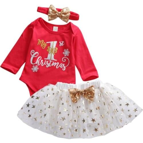 Pudcoco US Stock 0-18M 3PCS Newborn Baby Girl My 1st Christmas Red Print Letter Romper Skirt Headband Girl Clothes Outfits Set