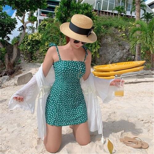 Korea Style One Piece Swimsuit Women Dots Print Swimwear Skirted Monokini Push Up Swim Suit Bow Trikini Green Bathing Suit Pad
