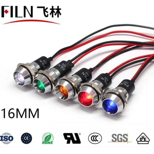 FILN Metal IP67 Waterproof Concave head 16mm 12v 110v high quality signal light led indicator light with cable