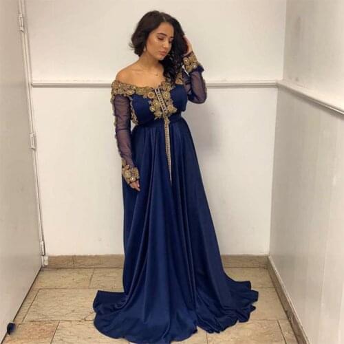 Dark Blue Muslim Dubai Evening Dress Elegant Lace Applique Moroccan Kaftan Long Prom Party Gown Arabic Special Occasion Dresses