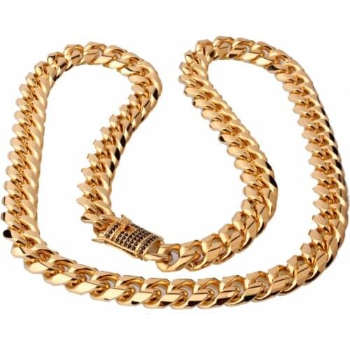 Mens Miami Cuban Curb Link Chain Stainless steel jewelery Gold Hip hop Link Necklace 15mm wide