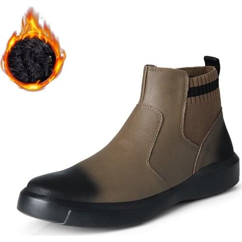 Men Chelsea Boots Ankle Boots Fashion Mens Male Split Leather Sneakers Slip On Motorcycle Winter Warm Plush Oxfords Snow botas