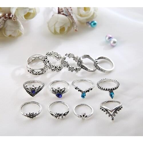Sainio 13PCS/Set Bohemian Lotus Flower Joint Ring Set Vintage Horse Rhinestone Crystal Joint Rings Set For Fashion Women Jewelry