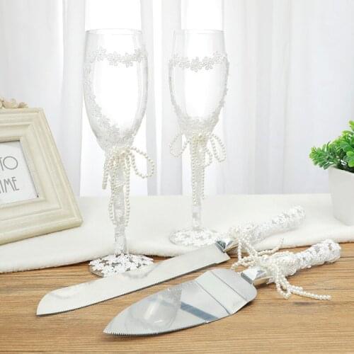 Wedding Cake Serving Set Wine Glass Cups Birthday Cake Knives Pizza Pie Server Set Anniversary Party Dinnerware Bride Gift 4pcs