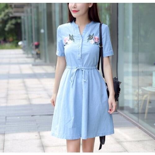 Summer New Womens Korean Embroidery Waist Short-sleeved Shirt-Style Denim Dress