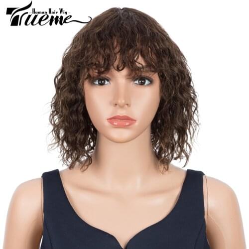 Trueme Short Wavy Wave Wig With Bangs Bob Full Wigs For Black Women Brazilian Ombre 99J Brown Color Remy Fashion Wig Mix Color