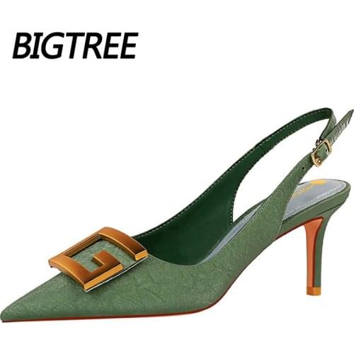 Metal Square Buckle Kitten Heels 7 Cm Sexy Party Shoes Black Green White Woman Pumps Middle Heel Shoes For Women Sandals Size 43