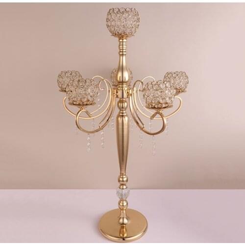 84 cm Tall 5-arms Metal Gold Crystal Candle Holder Wedding Candelabra Table Centerpiece Event Road Lead Candle Stand