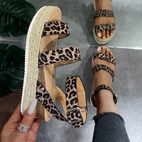Leopard Print Women Shoes Retro Women Sandals Hemp Flat Platform Ladies Wedge Womens Shoes Woman Casual Buckle Strap Sandal