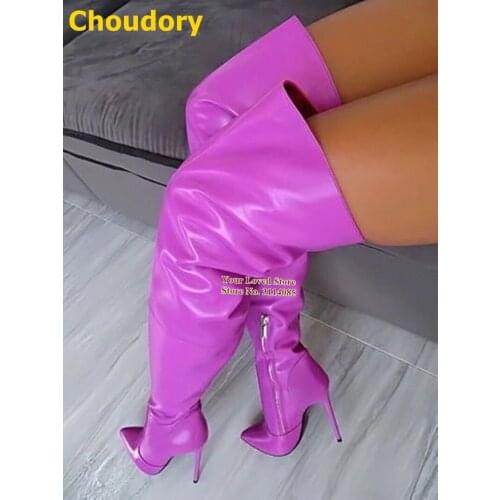 Choudory Women Sexy Purple Blue Over The Knee Boots Thin High Heels Pointed Toe Thigh High Boots Zipped Long European Boots