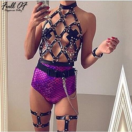Sexy PU Hollow crop top women metal Body chest chain Black perspective shirt halter Night club party Rivet tank top cropped Hot