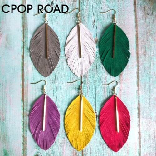 Cpop Boho Sheepskin Leather Earrings for Women Metal Bar Pendant Tassel Leaf Feather Shape Leather Earrings Simple Girl Jewelry
