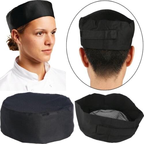 Breathable Mesh Top Skull Cap Professional Catering Chefs Hat With Adjustable Strap Black Kitchen Tools Top Chef Hat