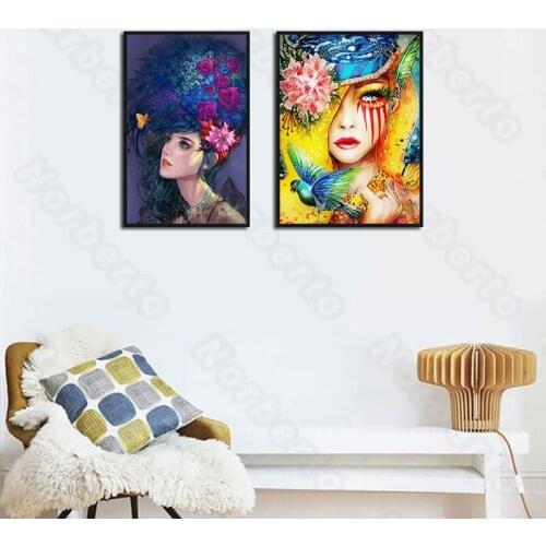 Modern Abstract Style Canvas Painting and Posters a Pretty Woman with Big Headdress and Horrible Woman for Home Rooms Decoration