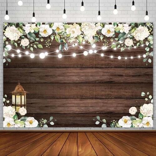 Wedding Custom Backdrops White Floral Plank String Lights Celebration Photography Background Photo Studio Photozone Decor Props