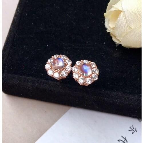 Fashion natural blue moonstone stud earrings Natural gemstone earrings Elegant round S925 silver girl women party gift jewelry