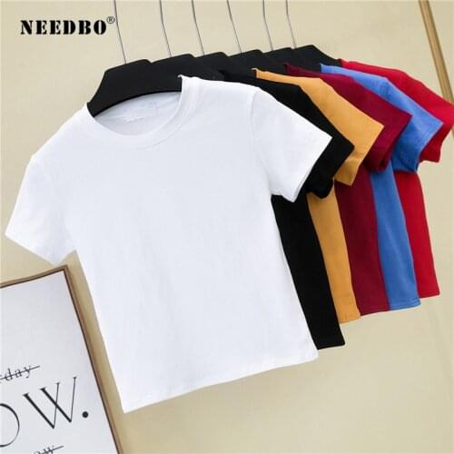 NEEDBO Fashion O-Neck Sexy Crop Top Women Femme Short Sleeve Casual Cotton Tee Tops Summer Female Short T Shirt Cute Cropped Top