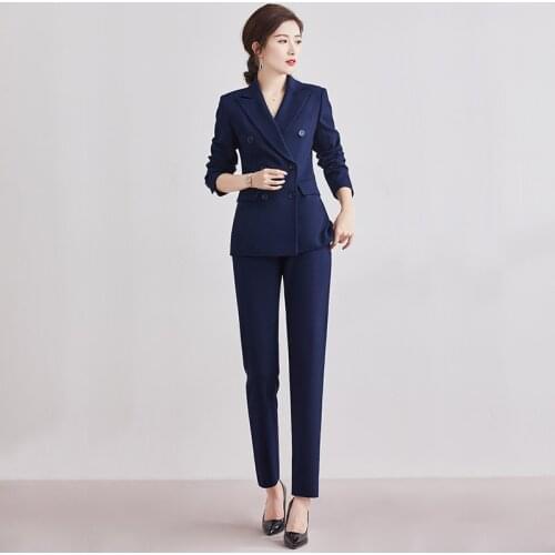 2 Pieces Set Women Double Breasted Blazer and Pant Suits Office Lady Formal Business Work Uniform Womens Pantsuits