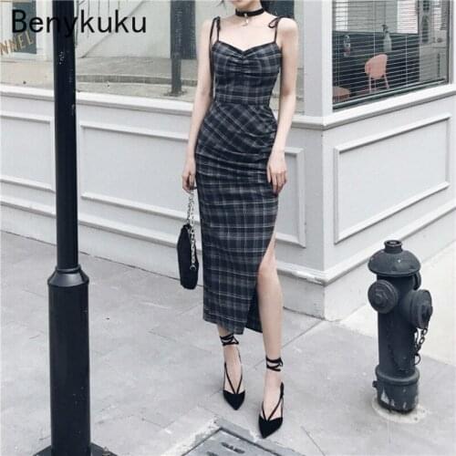 Deep V-neck Elegant High Waist Split Midi Dresses Punk Gothic Women Summer Black Plaid Sexy Backless Dress Strap Party Club Wear
