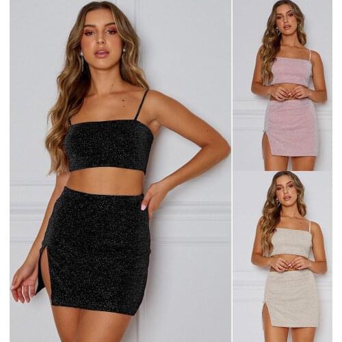 Women Sexy Dress Sleeveless Nightclub suspender bag hip skirt two-piece Shiny dress elegant party outfits Sexy club Mini Dress