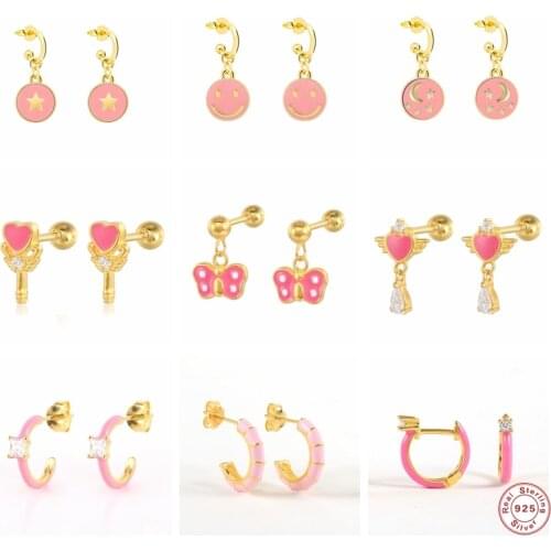 2021 Trend Lovely Pink Girly Dripping Oil Hoop Earring for Valentines Day Gift Star Moon Smile Face 925 Silver Piercing Earring