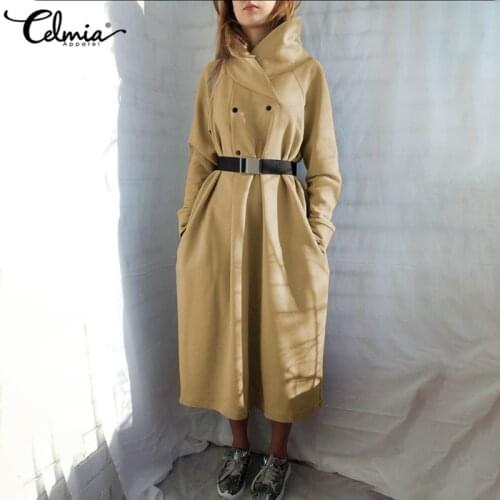 2021 Winter Dress Celmia Women Turtleneck Vintage Sweatshirt Dresses Solid Buttons Casual Pockets Long Vestidos Robe