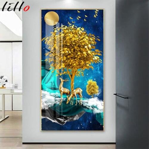 Abstract golden deer wall paintings modern blue canvas painting poster print wall art for living room nordic bedroom