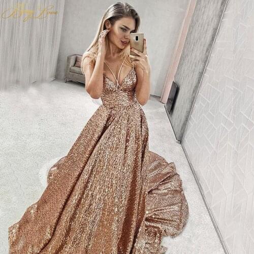 Glitter Evening Dress 2020 Gold Gown Formal Sexy Back Prom Party Dress Vestido Longo Festa Glitter