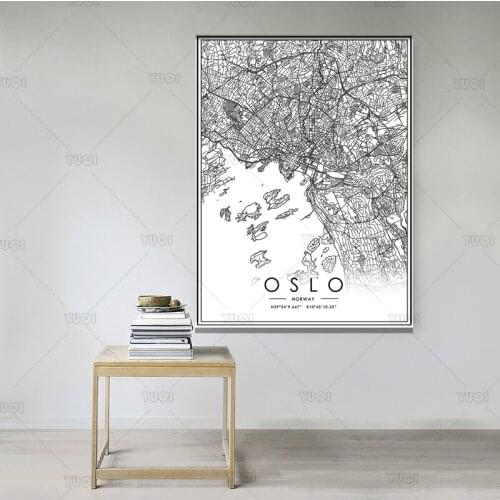Black and White World City Map Norway oslo Wall Art Canvas Poster Prints Nordic Style Paintings Picture for Living Room