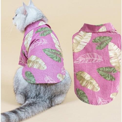 Cat Blouse Hawaii Style Puppy Shirt Leaves Printing Turndown Collar Rose Red Button Closure Dog Blouse T-Shirt Cat clothes