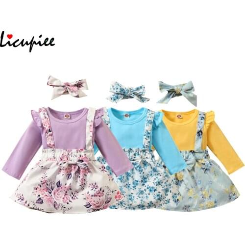 Toddler Girls 3 Pcs Skirts Outfits Long Sleeve Shirt Top + Suspender Floral Printed Skirt+ Bowknot Headband Autumn 0-24 Months