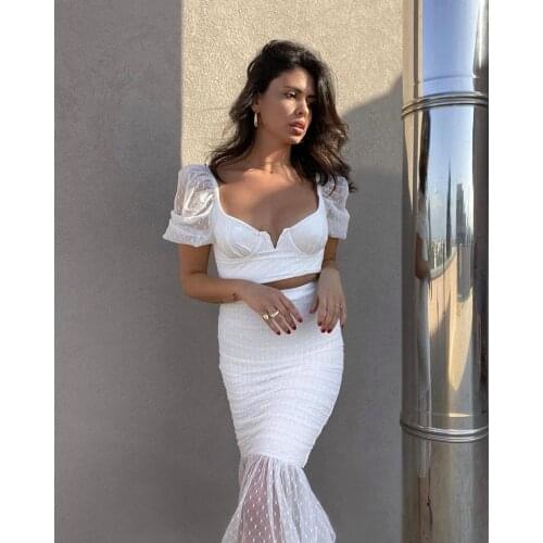 Two Piece Set Summer Sets For Women Short Tops Strapless Short Sleeve Patchwork Lace Mermaid Skirt White Women Clothing 2020