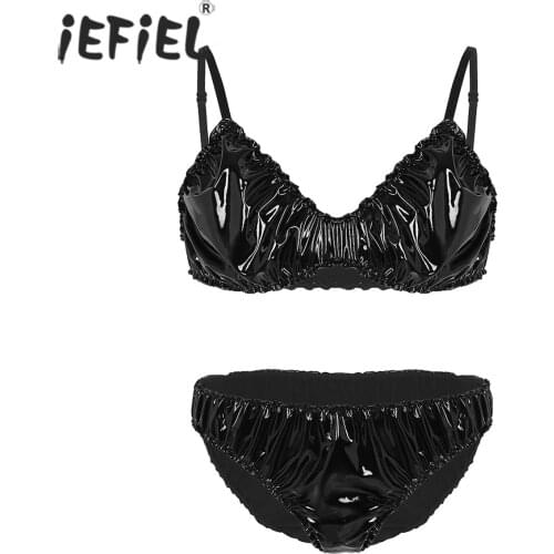Mens Sissy Lingerie Set Wetlook Jockstraps Panties Ruffled Spaghetti Strap Bra Top with Briefs Bikini Underwear Sexy Nightwear