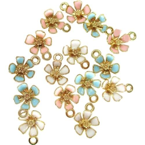 Nice Oil Drop Rhinestone Core Flower DIY Jewelry Bracelet Necklace Pendant Charms Gold Tone Enamel Floating Charm