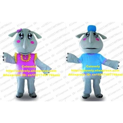 Fancy White Mr And Mrs Rhinoceros Mascot Costume Mascotte Rhino Adult With Black Bright Eyes Small Pink Cheeks No.3650 Free Ship